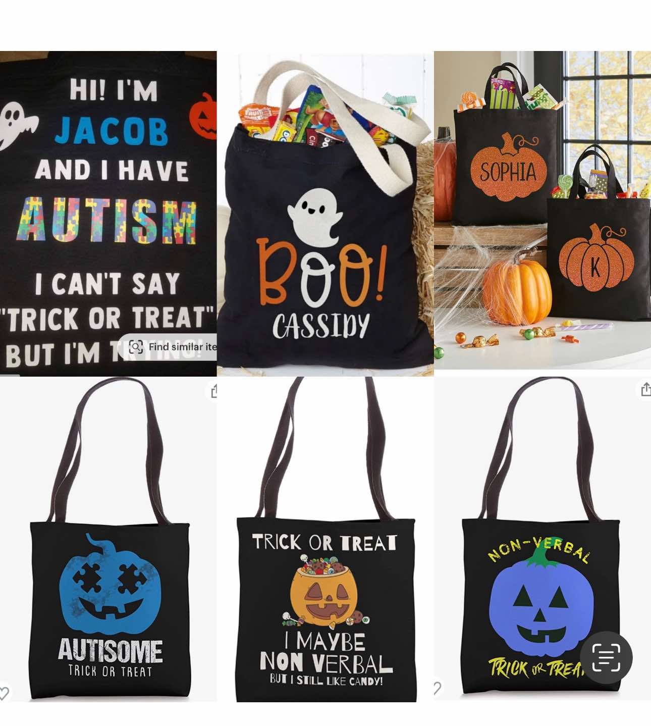 Autism awareness Halloween trick or treat tote bags