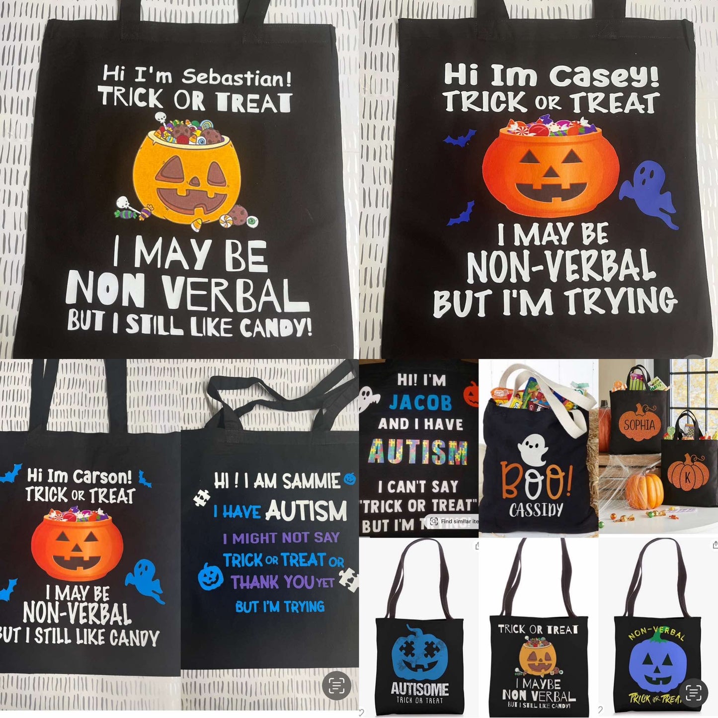 Autism awareness Halloween trick or treat tote bags