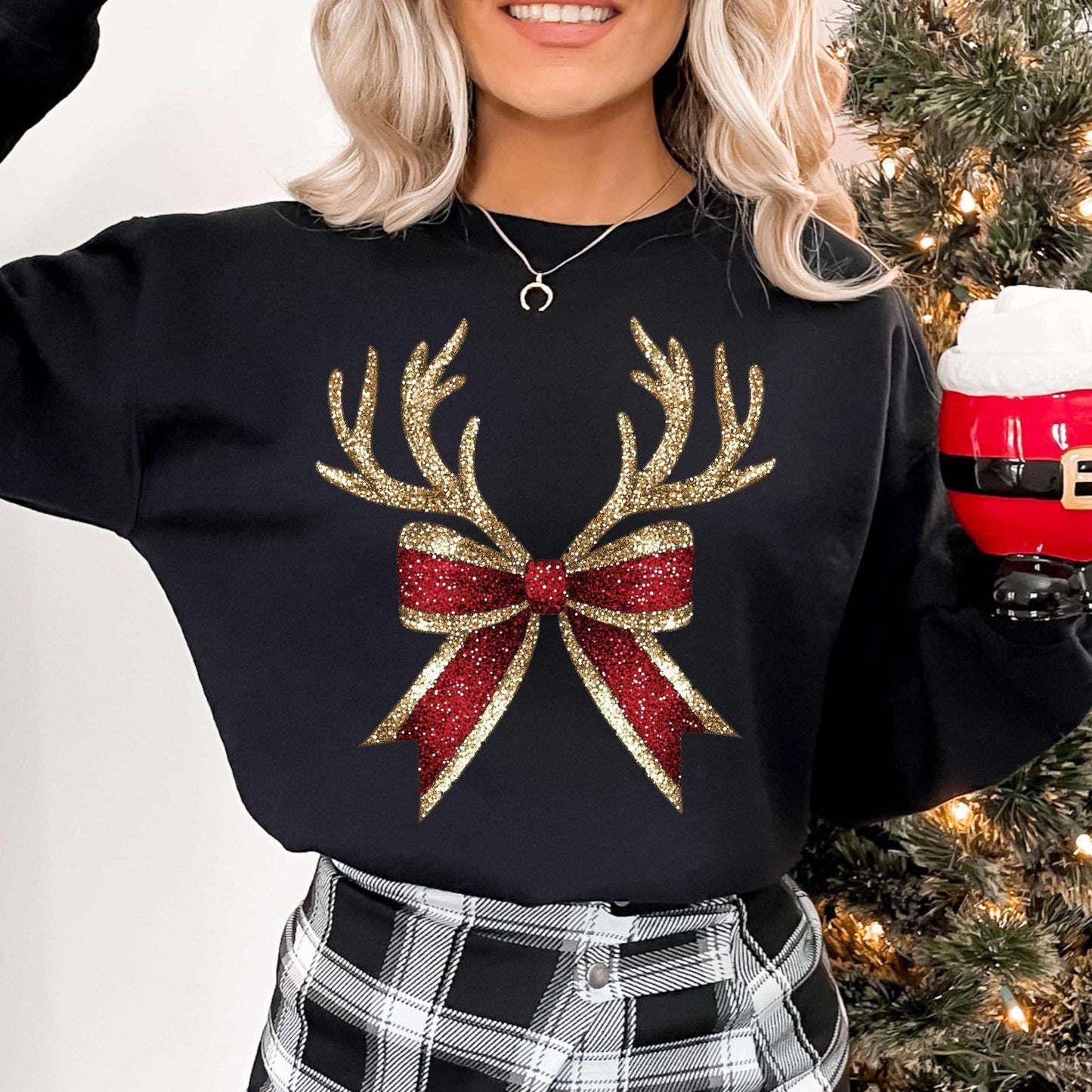 Christmas deer bow faux glitter design, Christmas faux glitter history, antler bow christmas sweater or t shirt