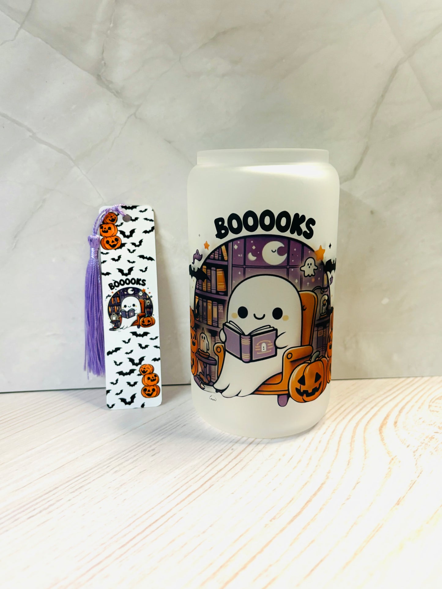 16oz cute ghost library glass cup and bookmark bundle