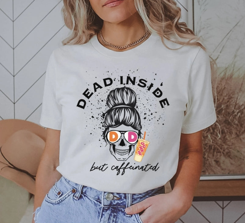 Dead inside but caffinated coffee skull girl t shirt, skull coffee t shirt