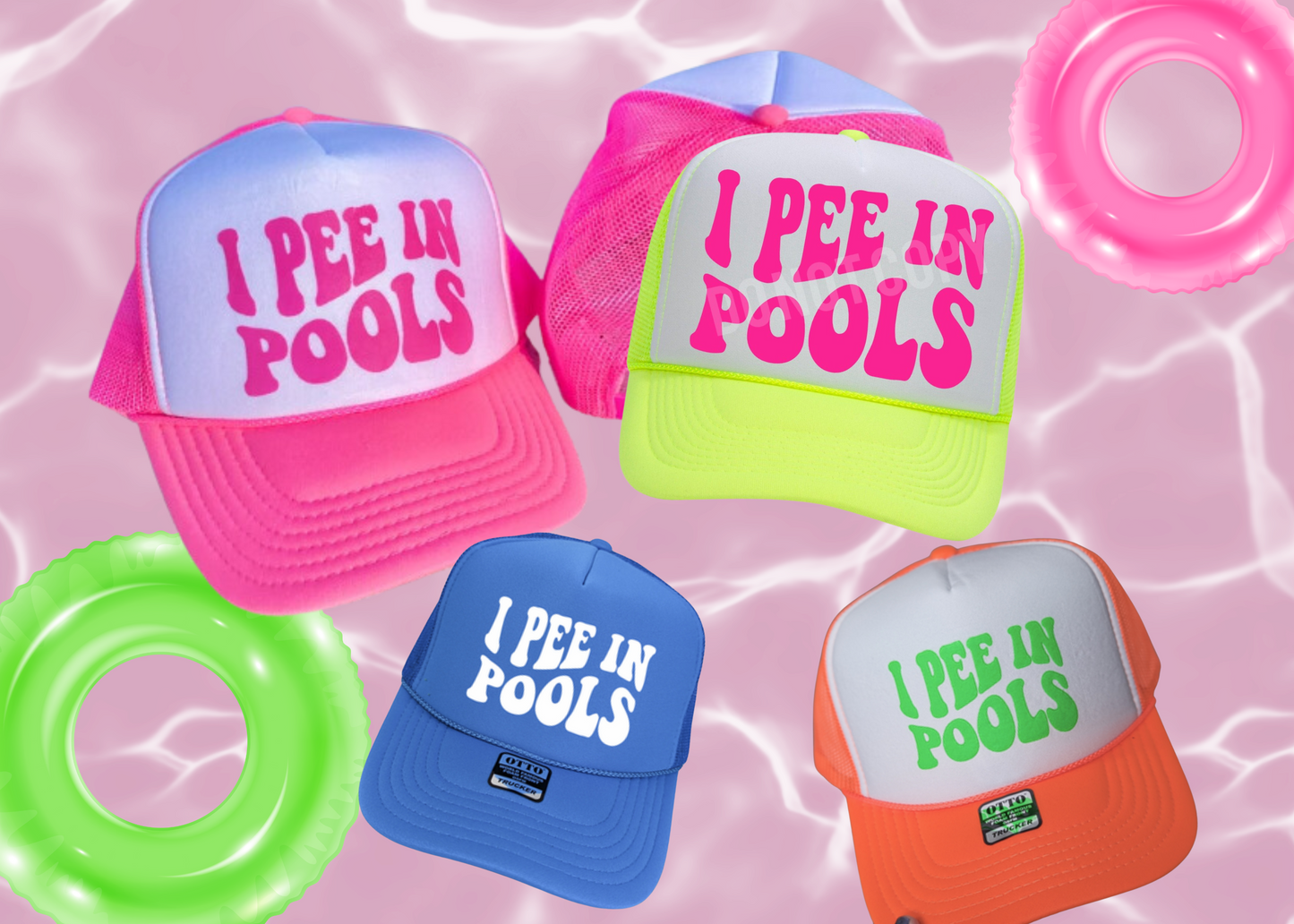 I pee on pools neon colored hat, pee in pool hat