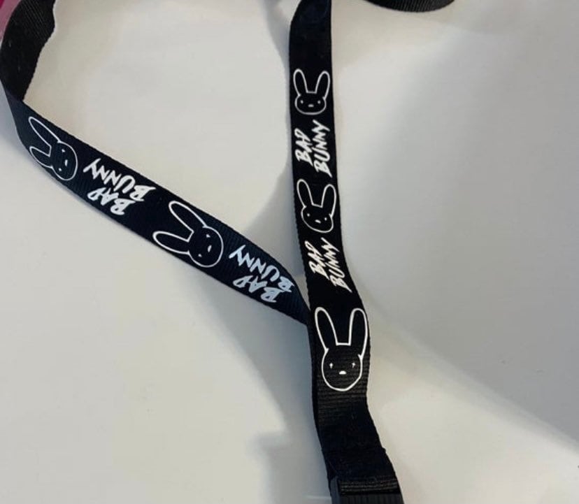 Bad bunny lanyard with key ring clip free ID holder black and white decals